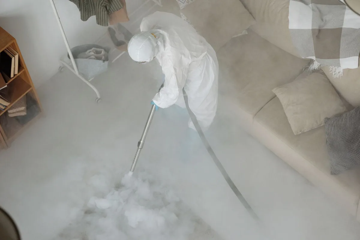 Biohazard cleanup technician in protective equipment, Moncks Corner, SC